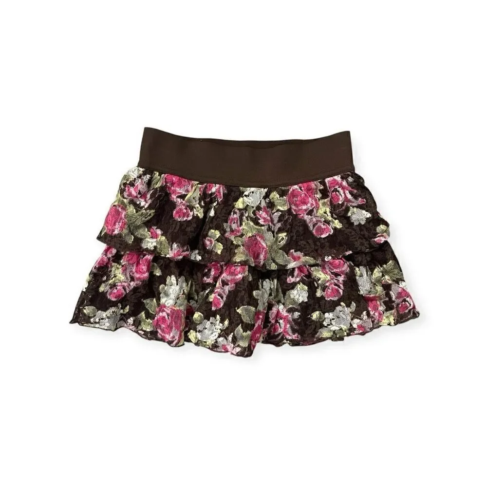 Justice Girl’s Brown Pink Floral Lace Pull-On Tiered Skater Skort Size 6